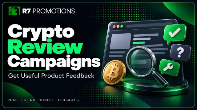 Crypto review campaigns illustration with a product interface, magnifying glass and feedback symbols, branded by R7 Promotions.