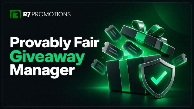 R7 Giveaway Manager with a gift box, entry tickets, and verification shield.