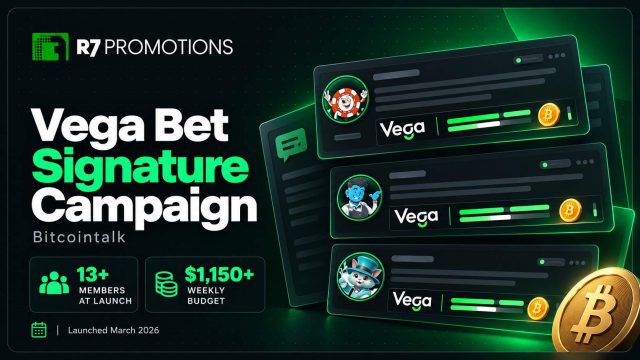 Vega Bet signature campaign cover with branded forum profiles and R7 Promotions.