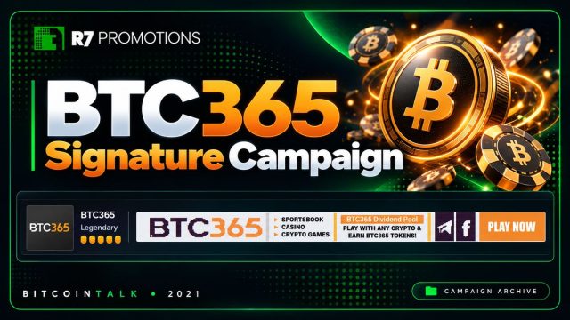 BTC365 Bitcointalk signature campaign portfolio graphic with R7 Promotions branding and September–October 2021 campaign dates.