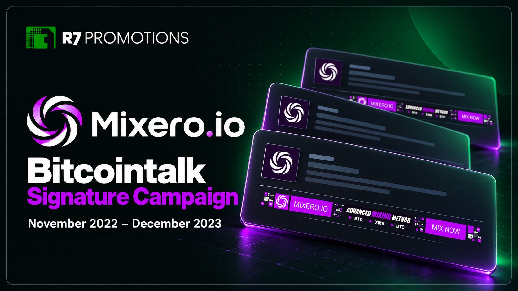 Mixero’s 2022–2023 Bitcointalk signature campaign with purple branded forum signatures.