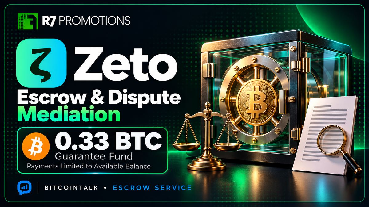 Zeto 0.33 BTC guarantee fund featured image showing a Bitcoin escrow vault, mediation scales and an evidence document with R7 Promotions branding.