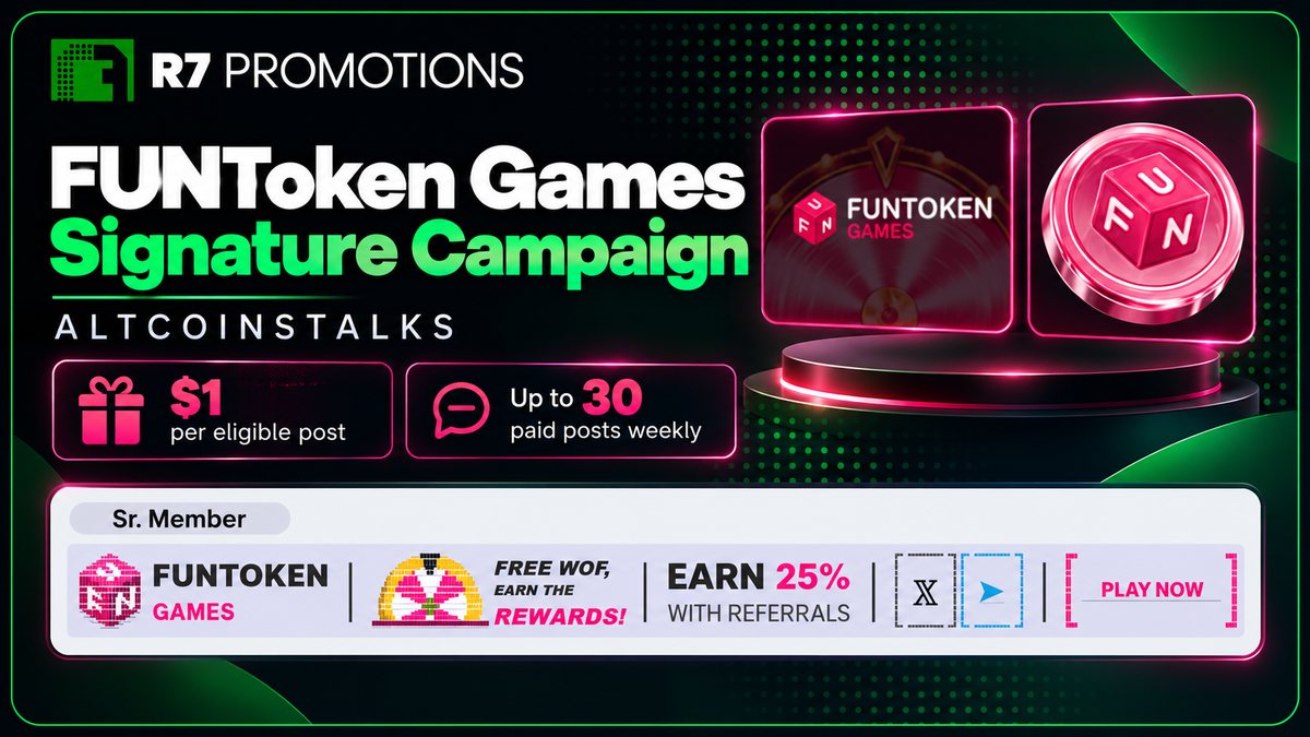FUNToken Games Altcoinstalks signature campaign featuring the Sr. Member signature, two avatar designs and R7 Promotions branding.