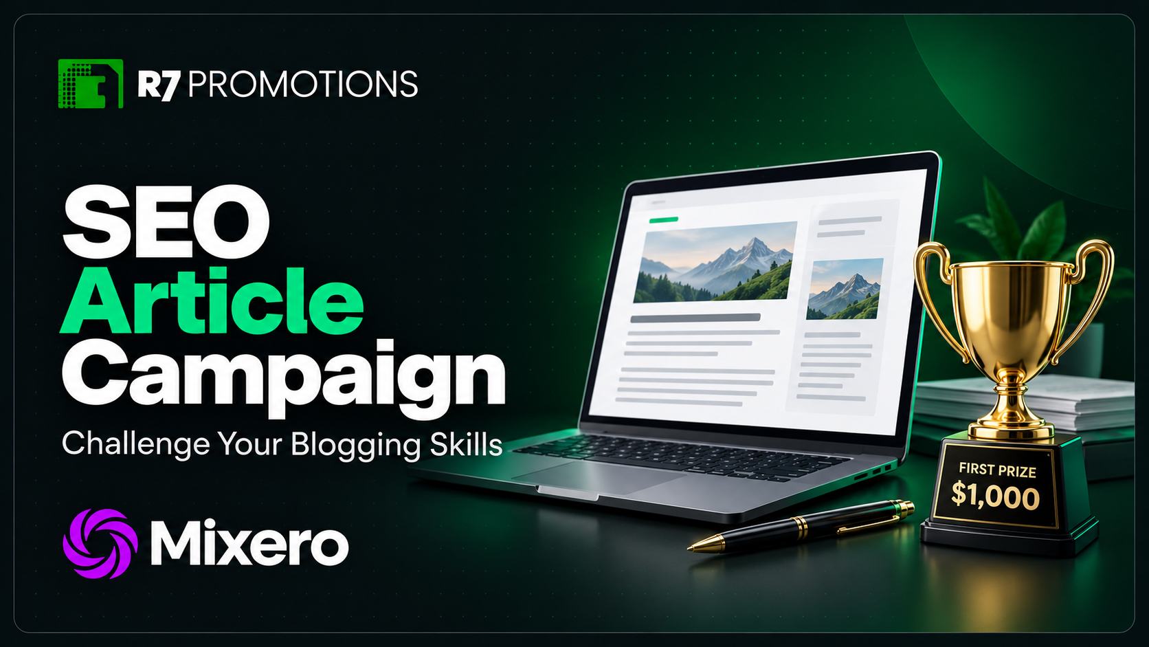 Mixero SEO Article Campaign cover with a laptop and $1,000 first-prize trophy.