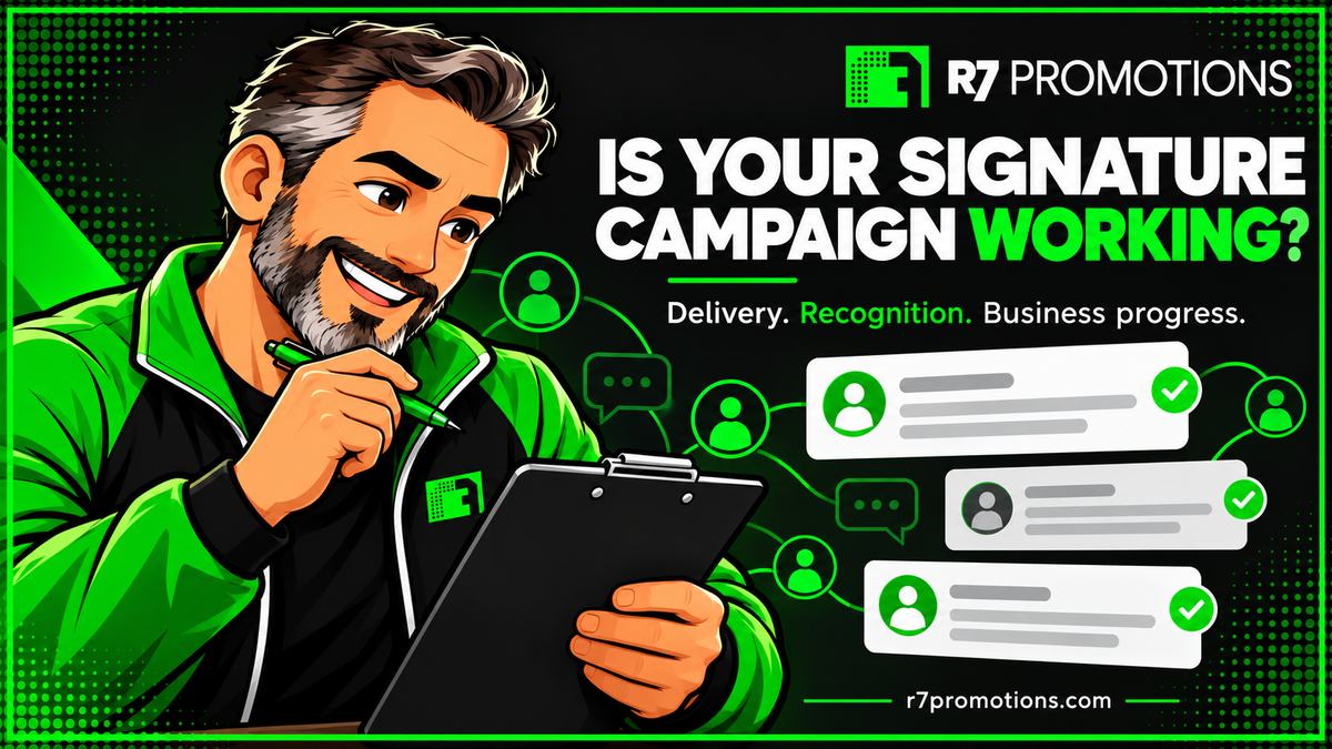 R7 Promotions campaign-manager character reviewing forum activity beside the words “Is your signature campaign working?”