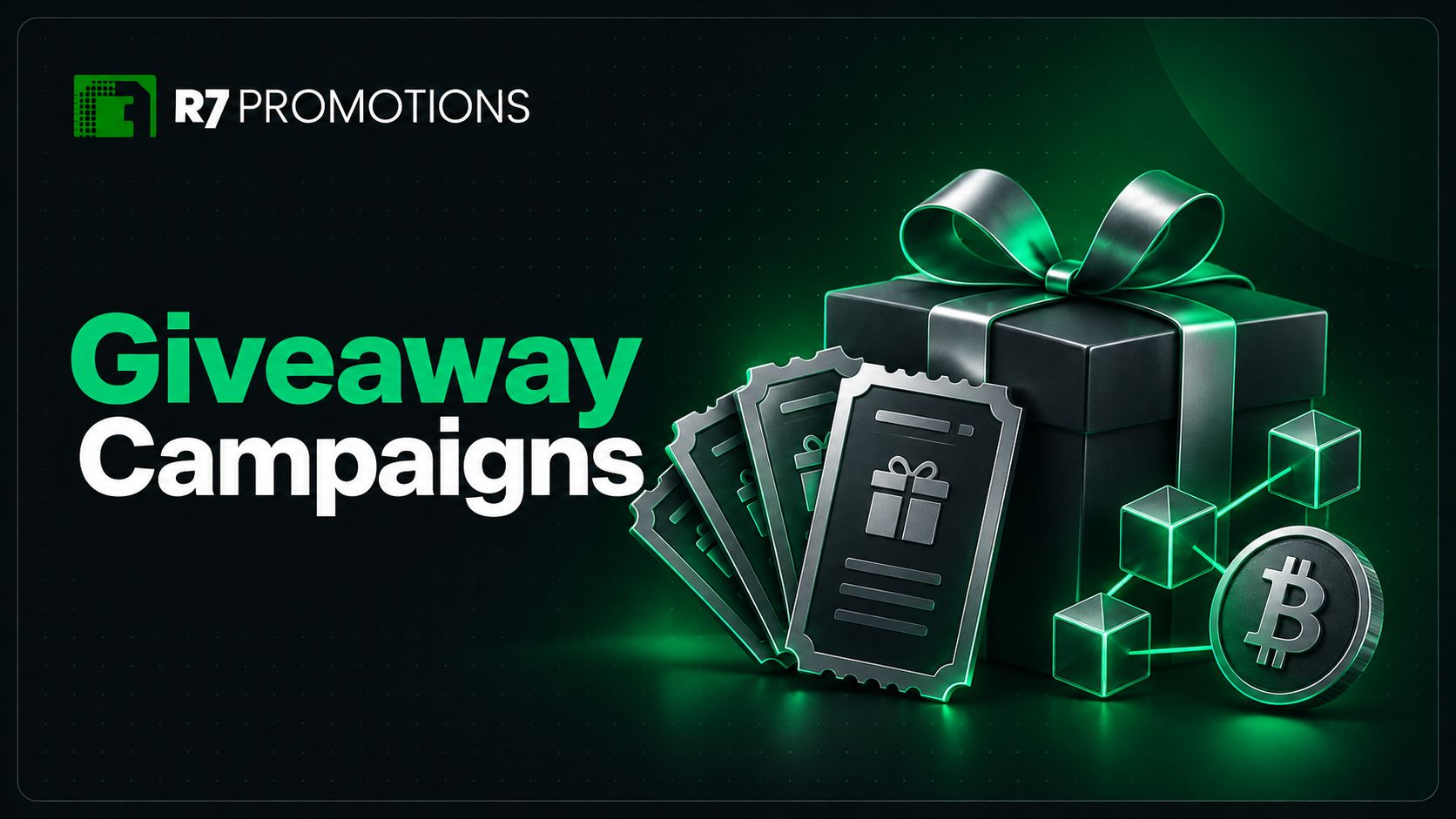 R7 giveaway campaigns with entry tickets, a gift box, and Bitcoin blockchain graphics.
