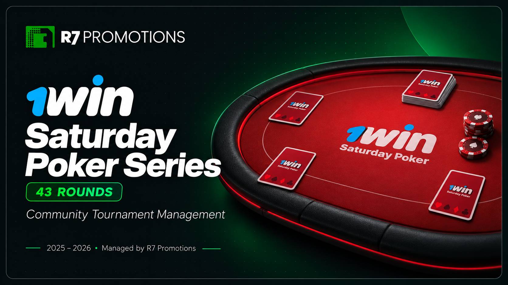 1win Saturday Poker series with a branded red table and R7 Promotions identity.