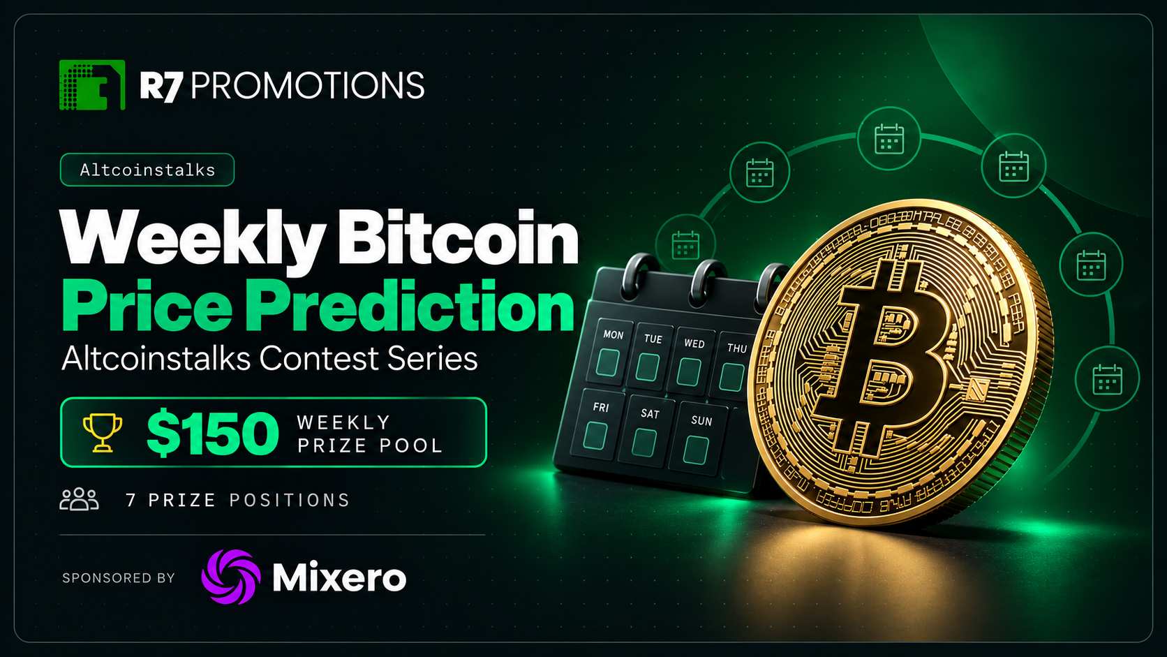 Mixero weekly Bitcoin prediction contest cover with a Bitcoin coin and weekly planner.