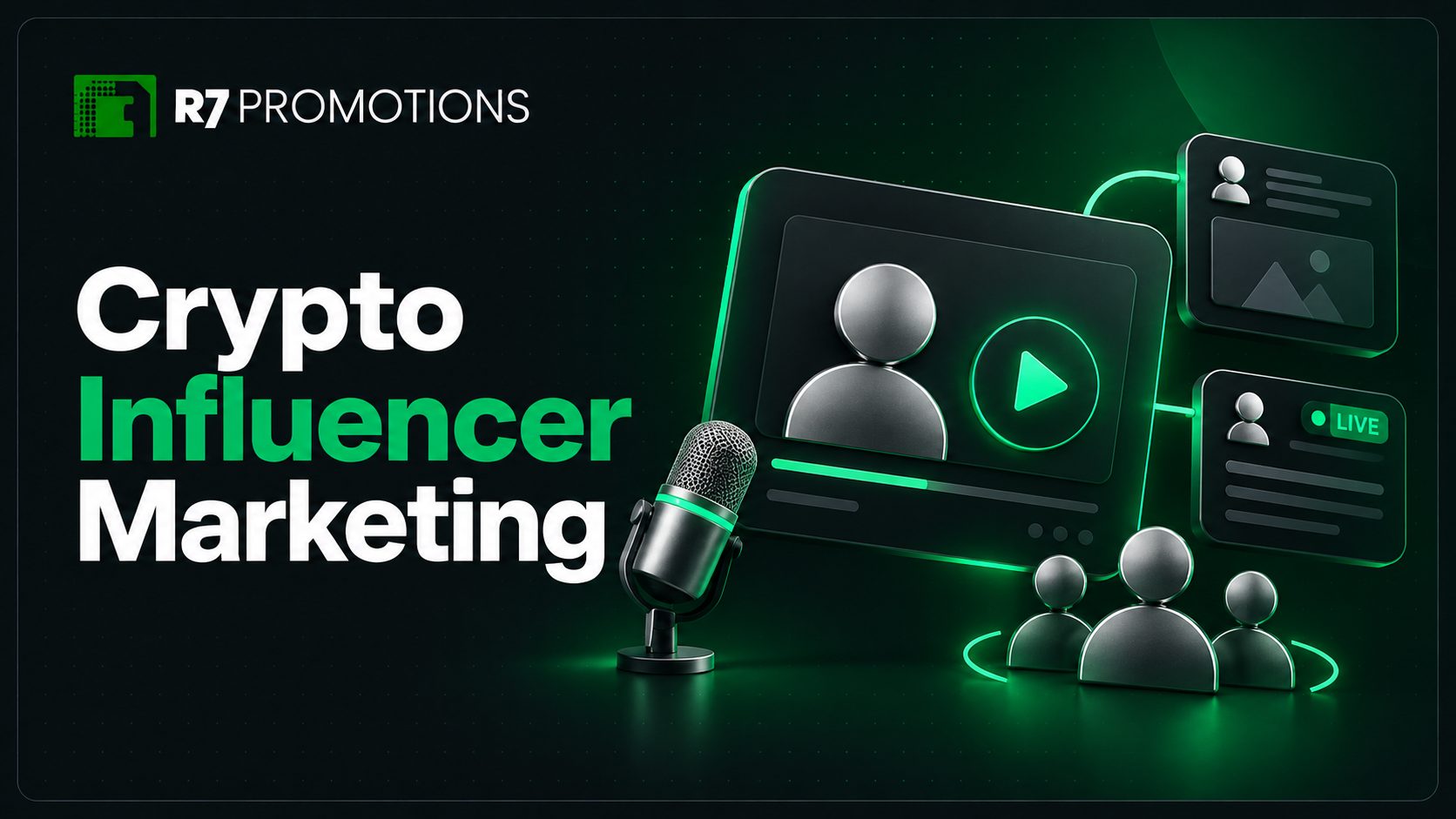 R7 crypto influencer marketing with video, livestream, and audience graphics.