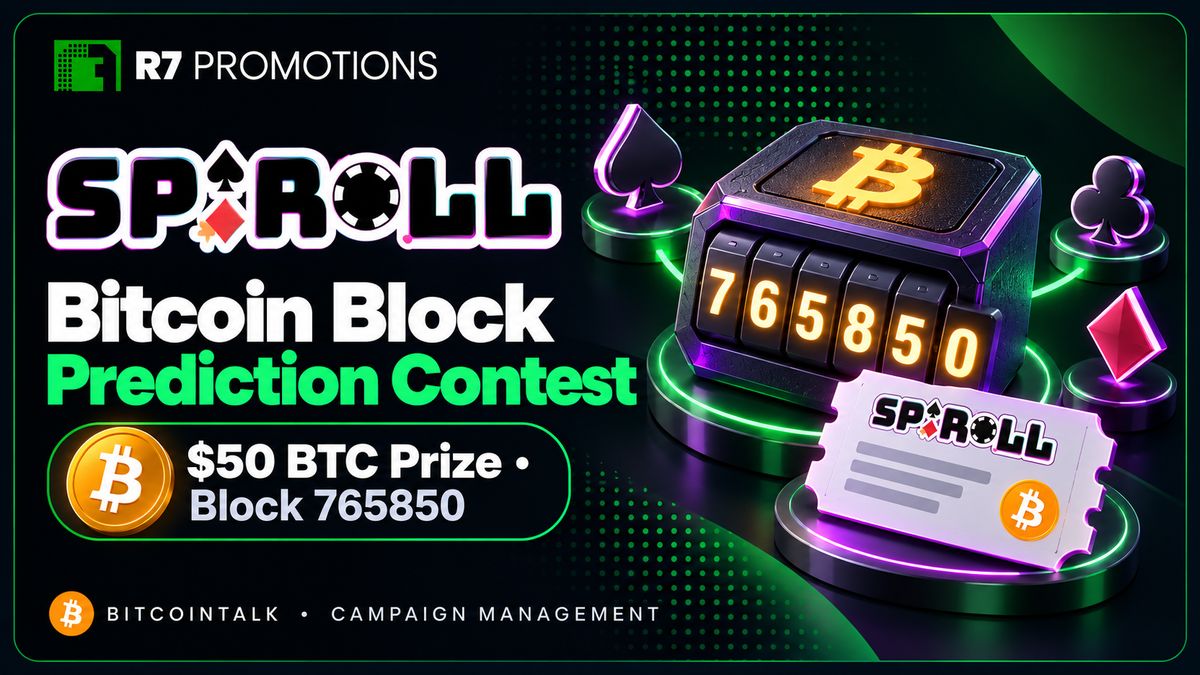 Spiroll Bitcoin block prediction contest with a $50 BTC prize.