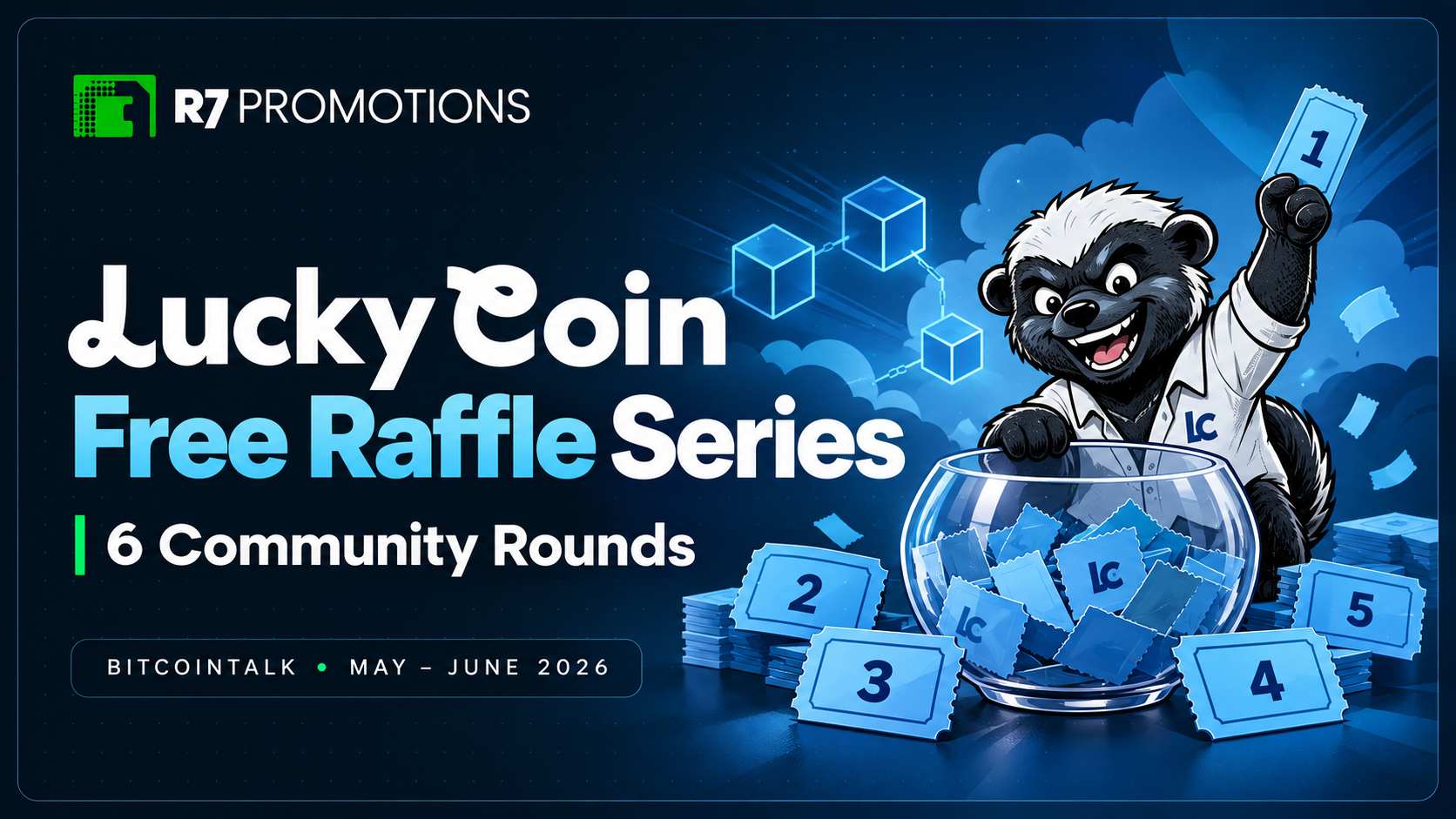 Lucky Coin’s six-round raffle series with its mascot and numbered tickets.