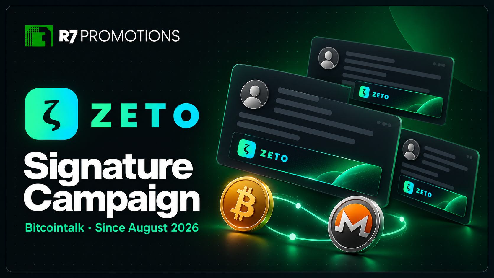 Zeto Bitcointalk signature campaign with branded forum posts and BTC-to-XMR graphics.