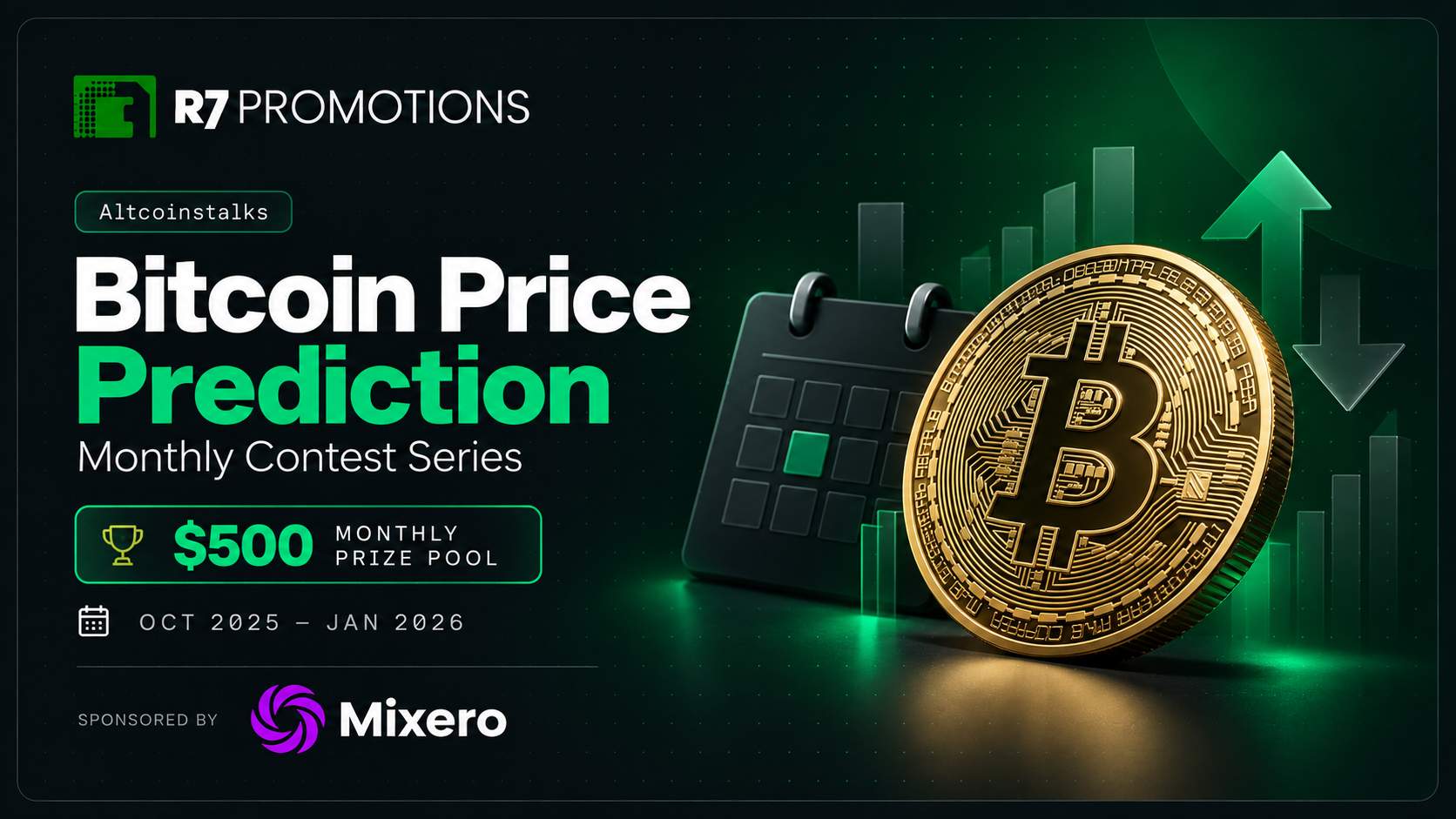 Mixero monthly Bitcoin prediction contest cover with a Bitcoin coin and calendar.