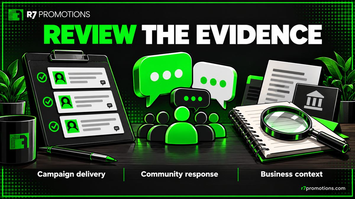 Reviewing the Evidence Behind a Signature Campaign R7 Promotions illustration of a campaign checklist, community discussion symbols and business documents under the heading “Review the evidence.”