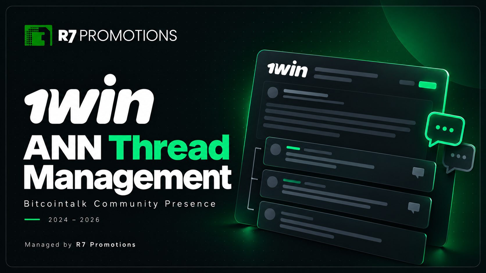 1win Bitcointalk ANN thread management by R7 Promotions.