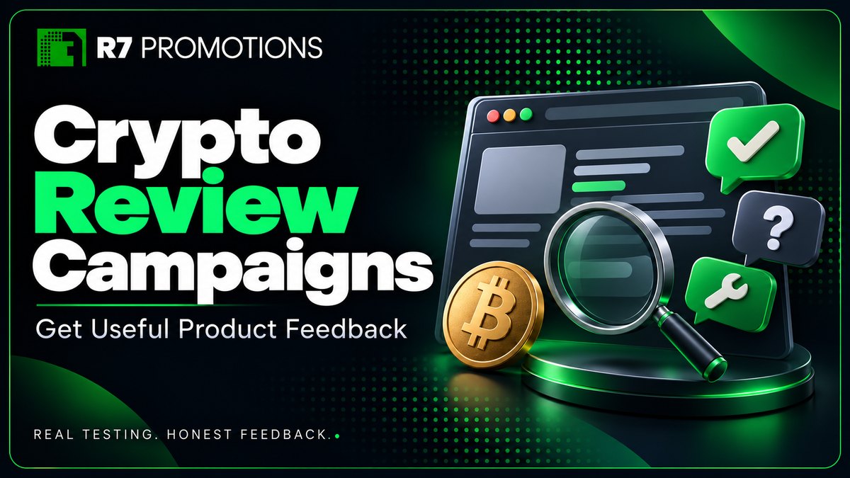Crypto review campaigns illustration with a product interface, magnifying glass and feedback symbols, branded by R7 Promotions.