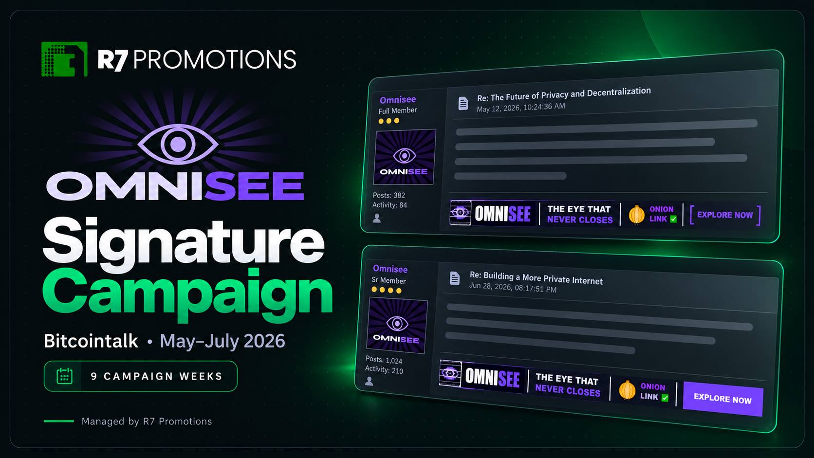 Omnisee Bitcointalk signature campaign with purple signature and avatar designs.