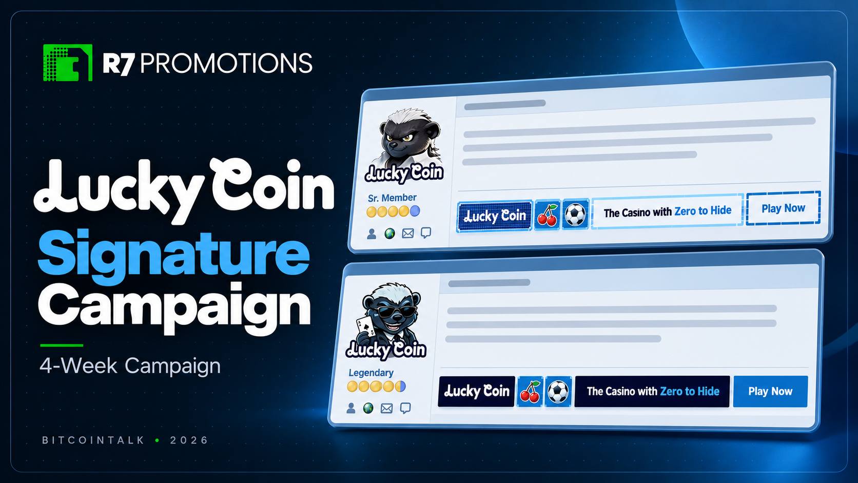 Lucky Coin signature campaign with honey-badger avatars and forum signature previews.