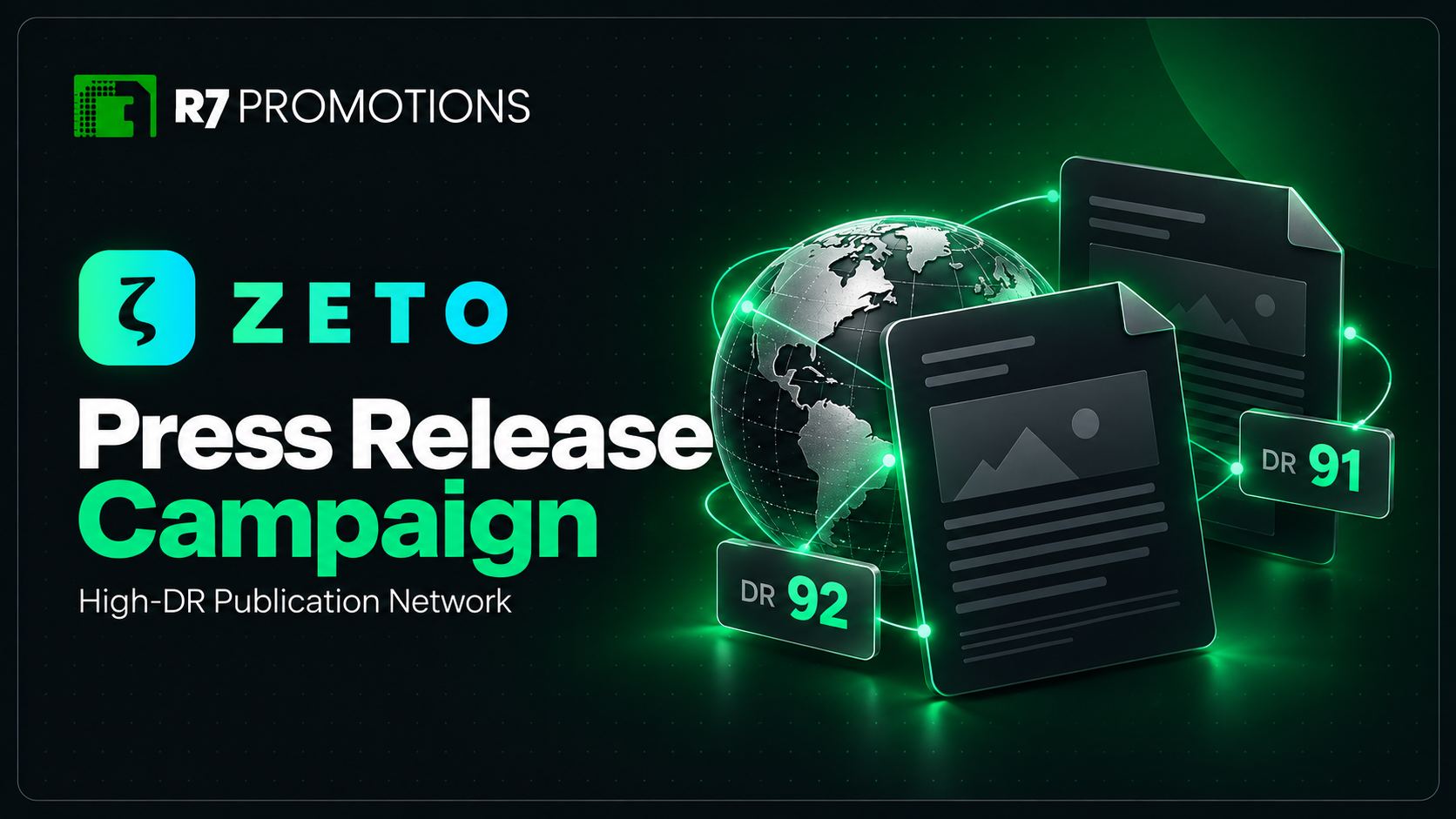 Zeto press release campaign with publication graphics and reported DR 92 and 91 highlights.