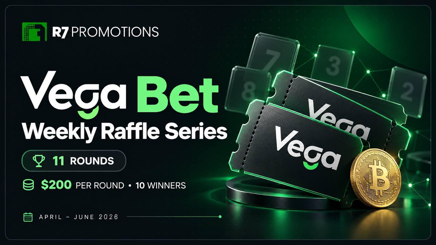 Vega Bet weekly raffle series cover with branded tickets and a Bitcoin coin.