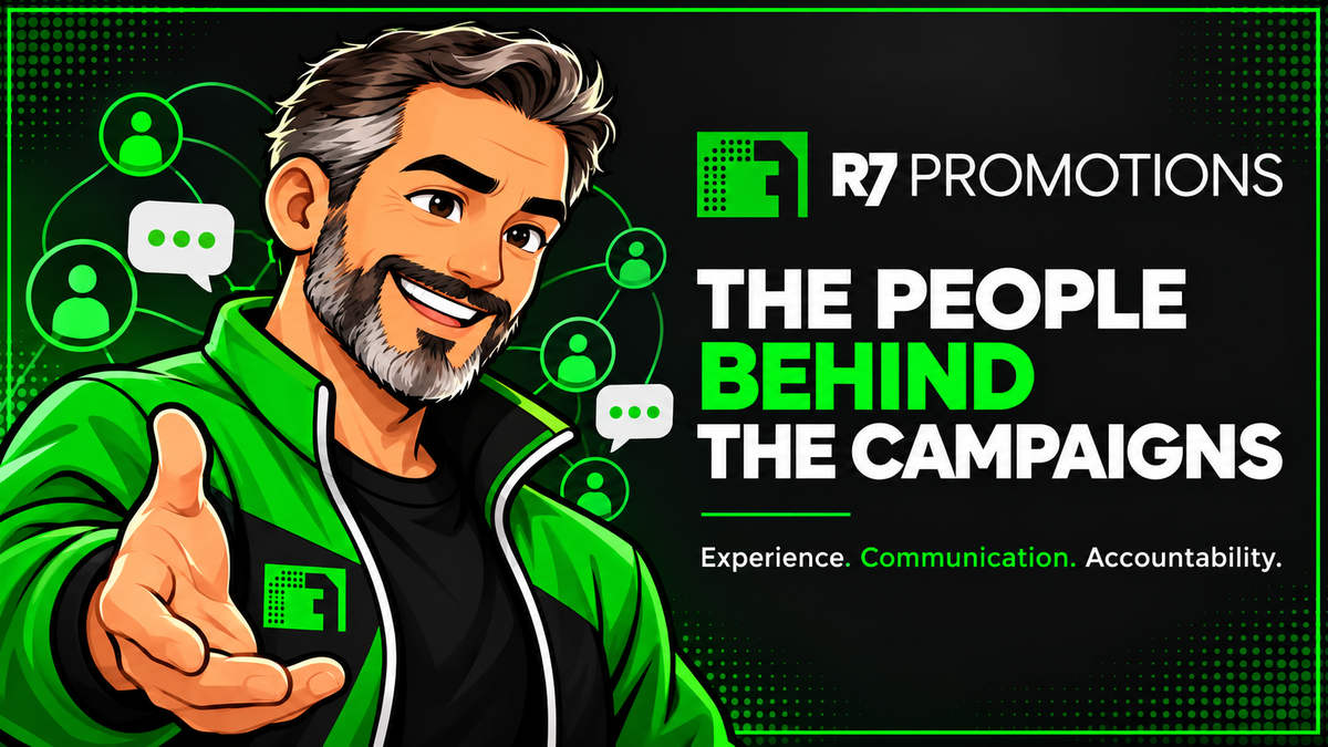 R7 Promotions campaign-manager illustration with branding and connected community icons.