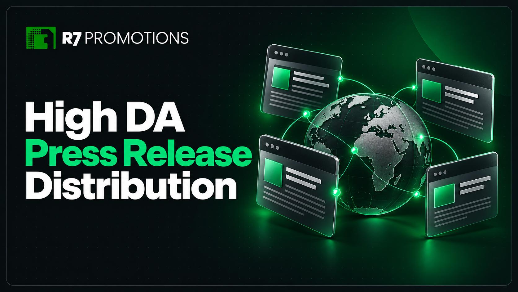 R7 press release distribution with news portals connected around a globe.