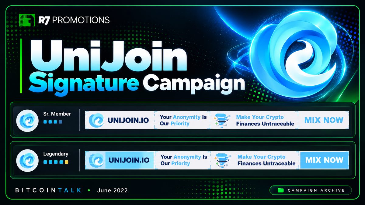 UniJoin Bitcointalk signature campaign portfolio graphic with R7 Promotions branding and June 2022 campaign dates.