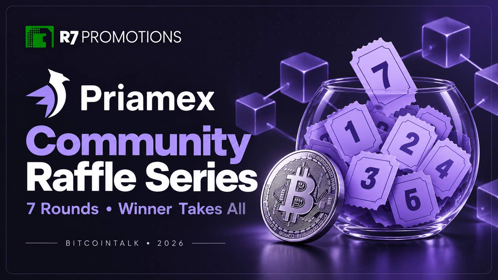PriamEx seven-round community raffle series with numbered tickets and a Bitcoin coin.
