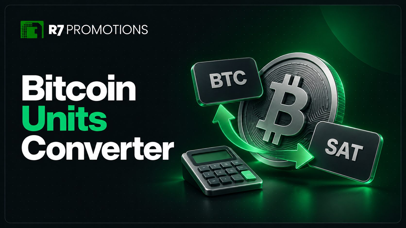 R7 Bitcoin Units Converter with BTC and SAT conversion arrows.