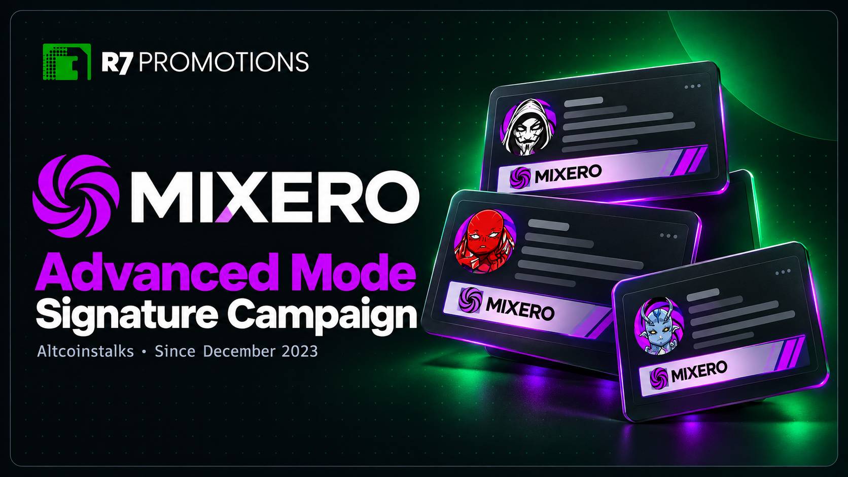 Mixero Advanced Mode signature campaign with purple forum signatures and campaign avatars.