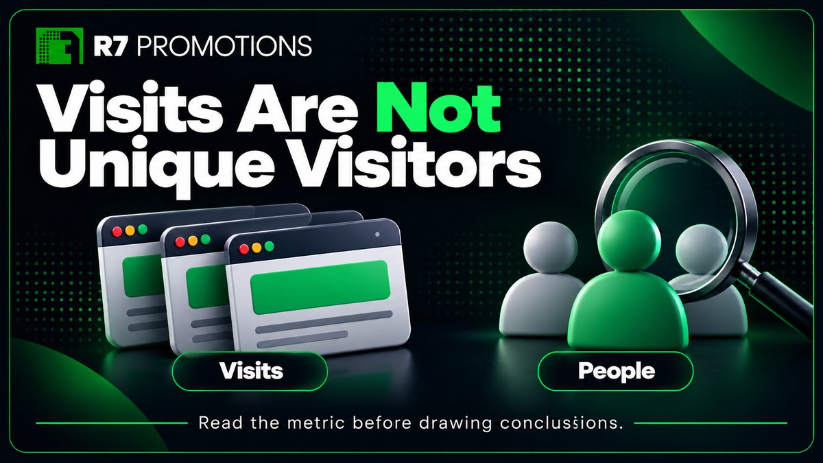 Browser windows beside people icons illustrating the distinction between website visits and unique visitors.