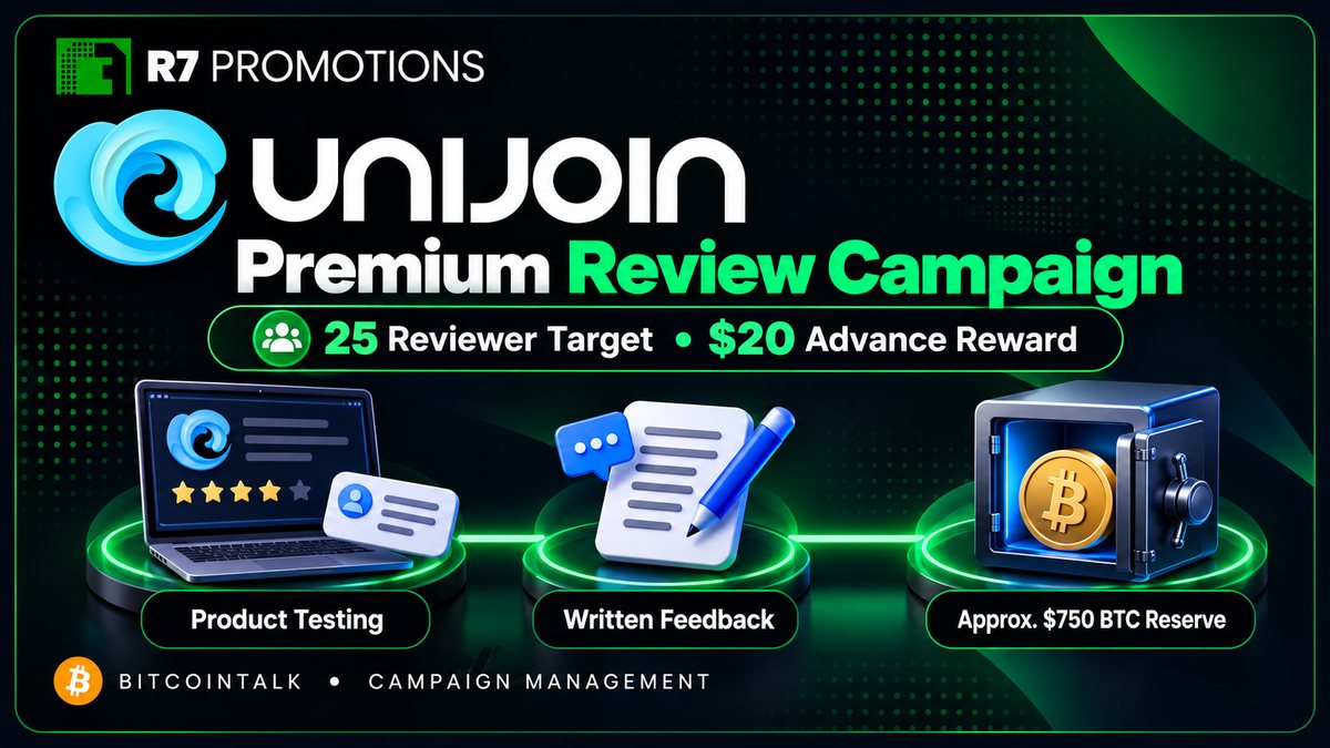 UniJoin premium review campaign graphic highlighting real-user testing, constructive suggestions and Bitcoin escrow, with R7 Promotions branding.