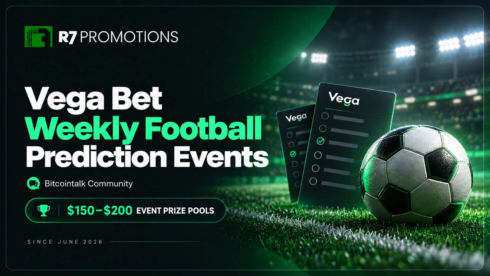 Vega Bet weekly football prediction cover with a football, prediction cards and R7 branding.