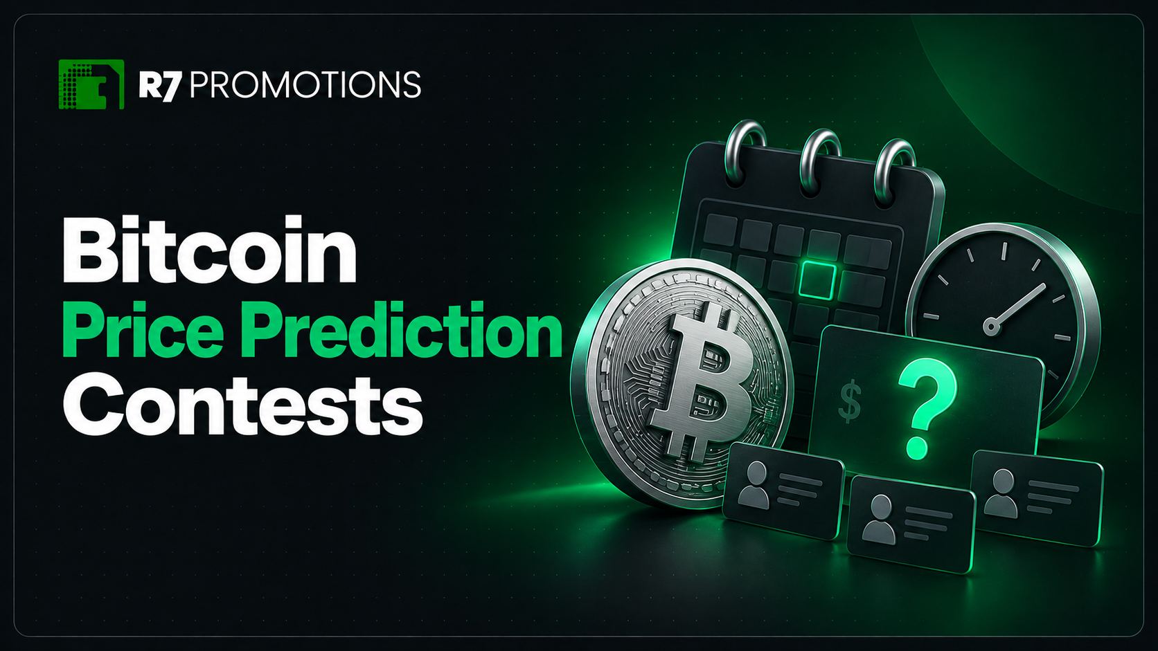 R7 Bitcoin price prediction contest with a Bitcoin coin, calendar, and clock.