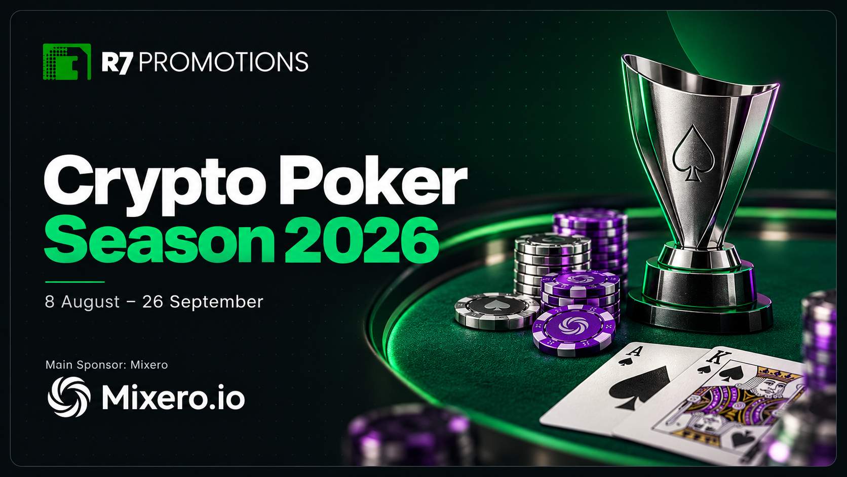 Crypto Poker Season 2026 with a trophy, cards, and Mixero sponsor branding.