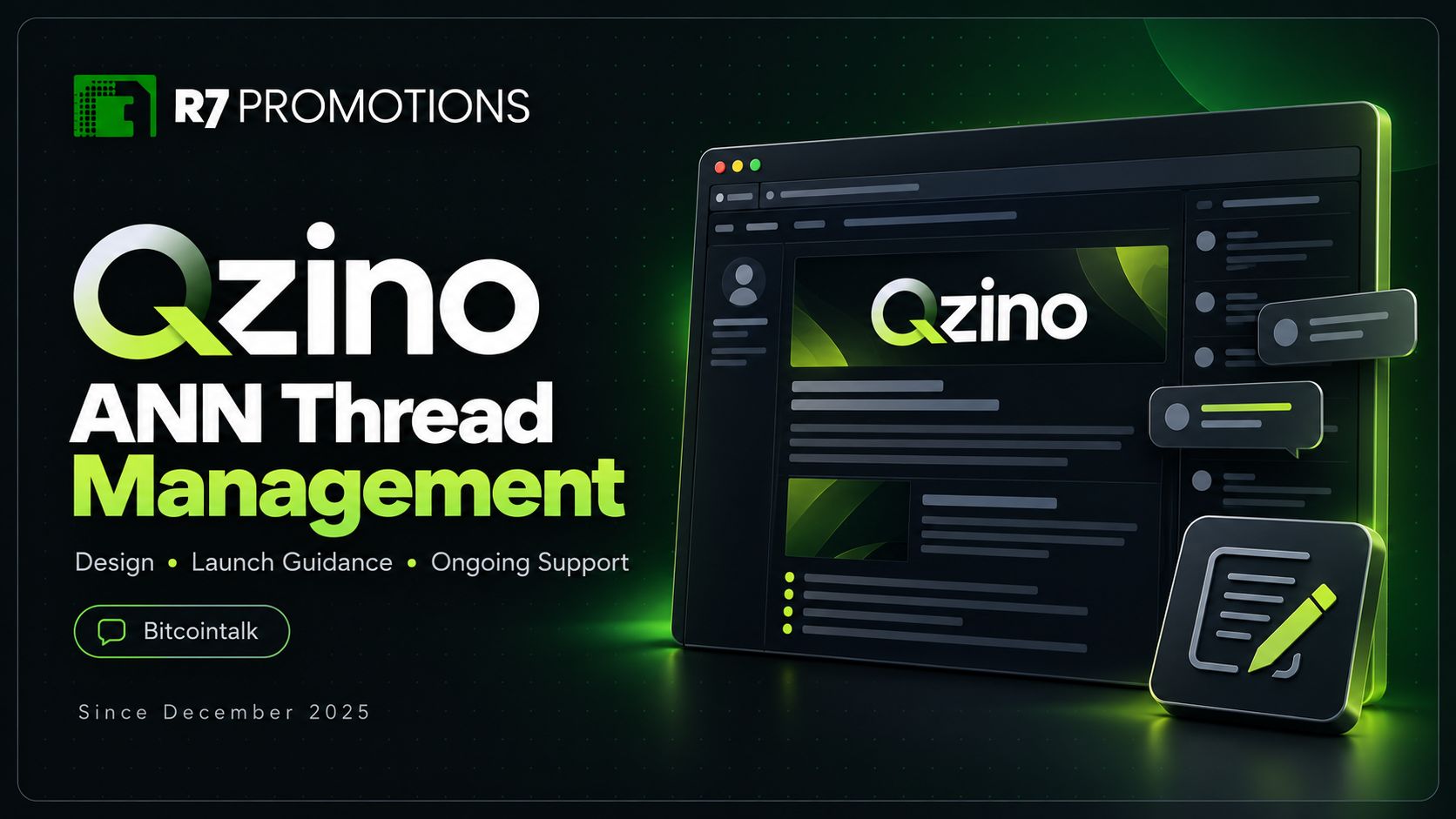 Qzino ANN thread management cover with a forum announcement and R7 Promotions branding.