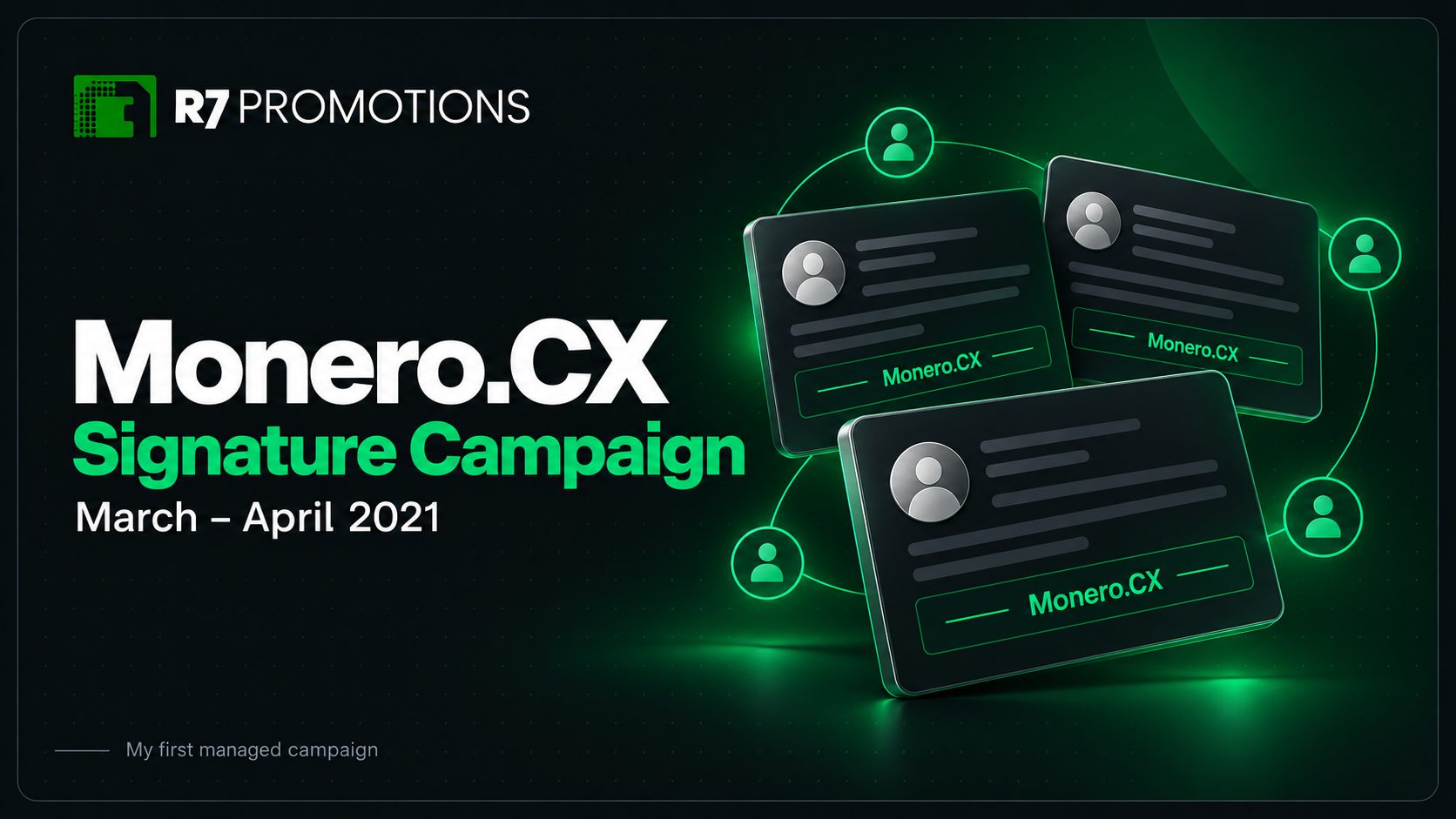 Monero.CX Bitcointalk signature campaign portfolio graphic highlighting cryptocurrency exchange awareness and weekly Bitcoin rewards.