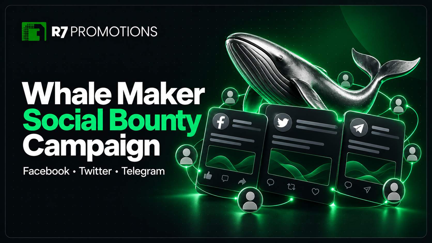 Whale Maker social bounty campaign featuring Facebook, Twitter, and Telegram graphics.
