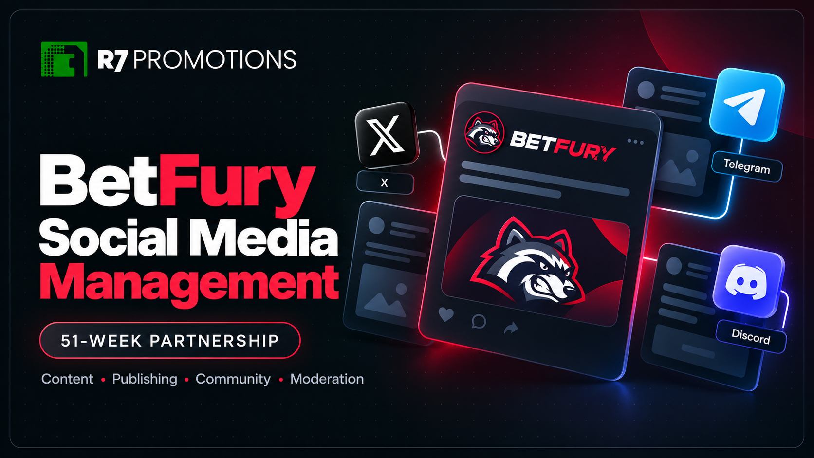 BetFury social media management campaign cover with R7 Promotions branding.