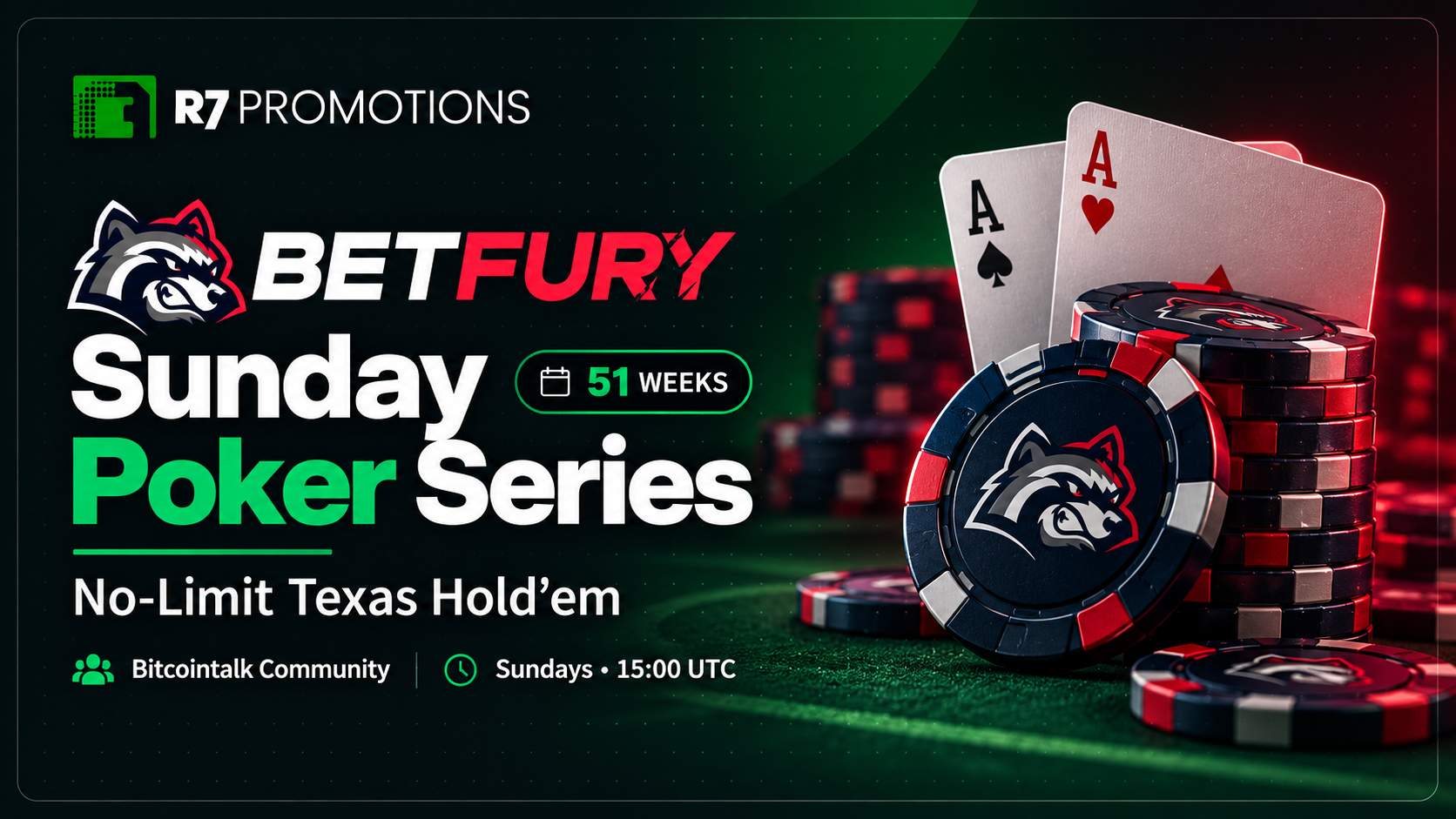 BetFury Sunday Poker Series cover with branded chips, playing cards and a 51-week badge.