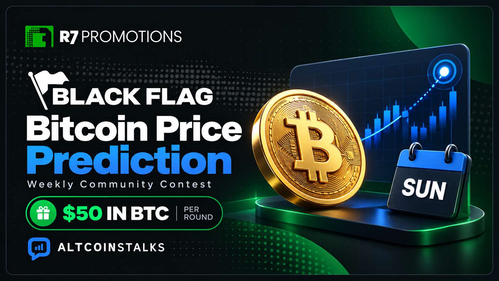 BlackFlag weekly Bitcoin price prediction contest with a $50 BTC prize pool.
