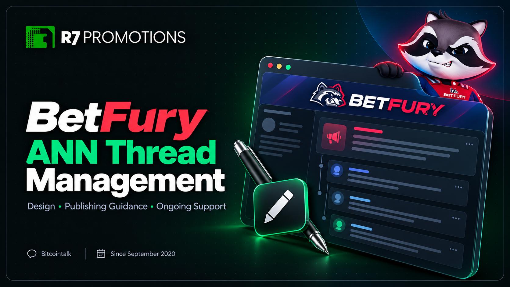 BetFury ANN thread management cover with forum discussions and R7 Promotions branding.