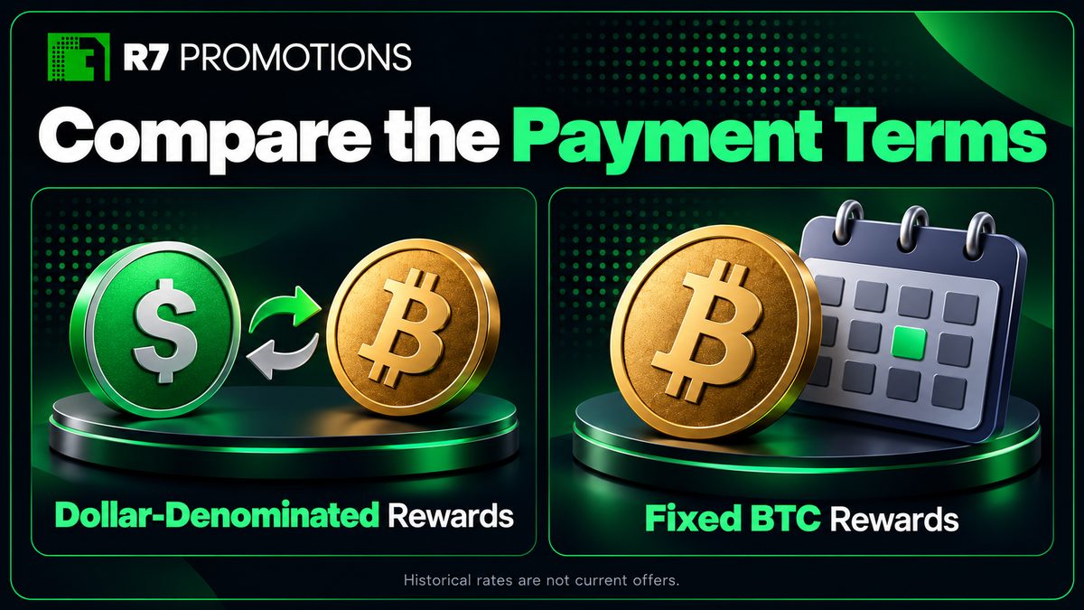 Comparing Signature Campaign Payment Terms Comparison illustration showing dollar-denominated rewards converted to Bitcoin beside fixed BTC rewards.