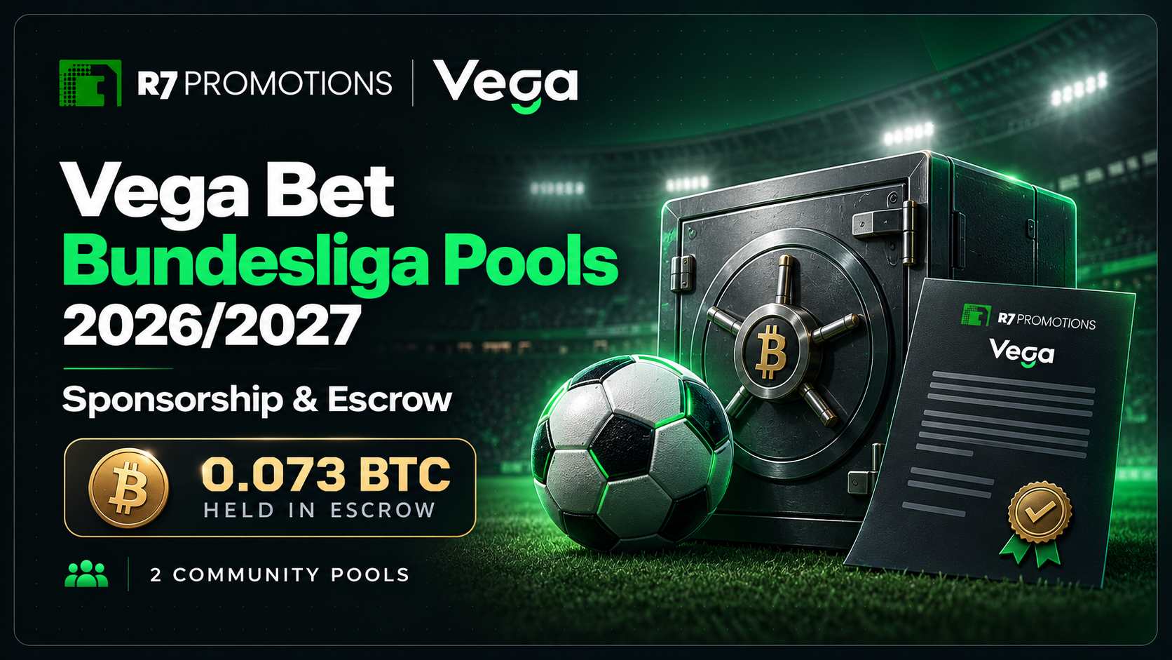 Vega Bet Bundesliga sponsorship and escrow cover with a Bitcoin vault and football.