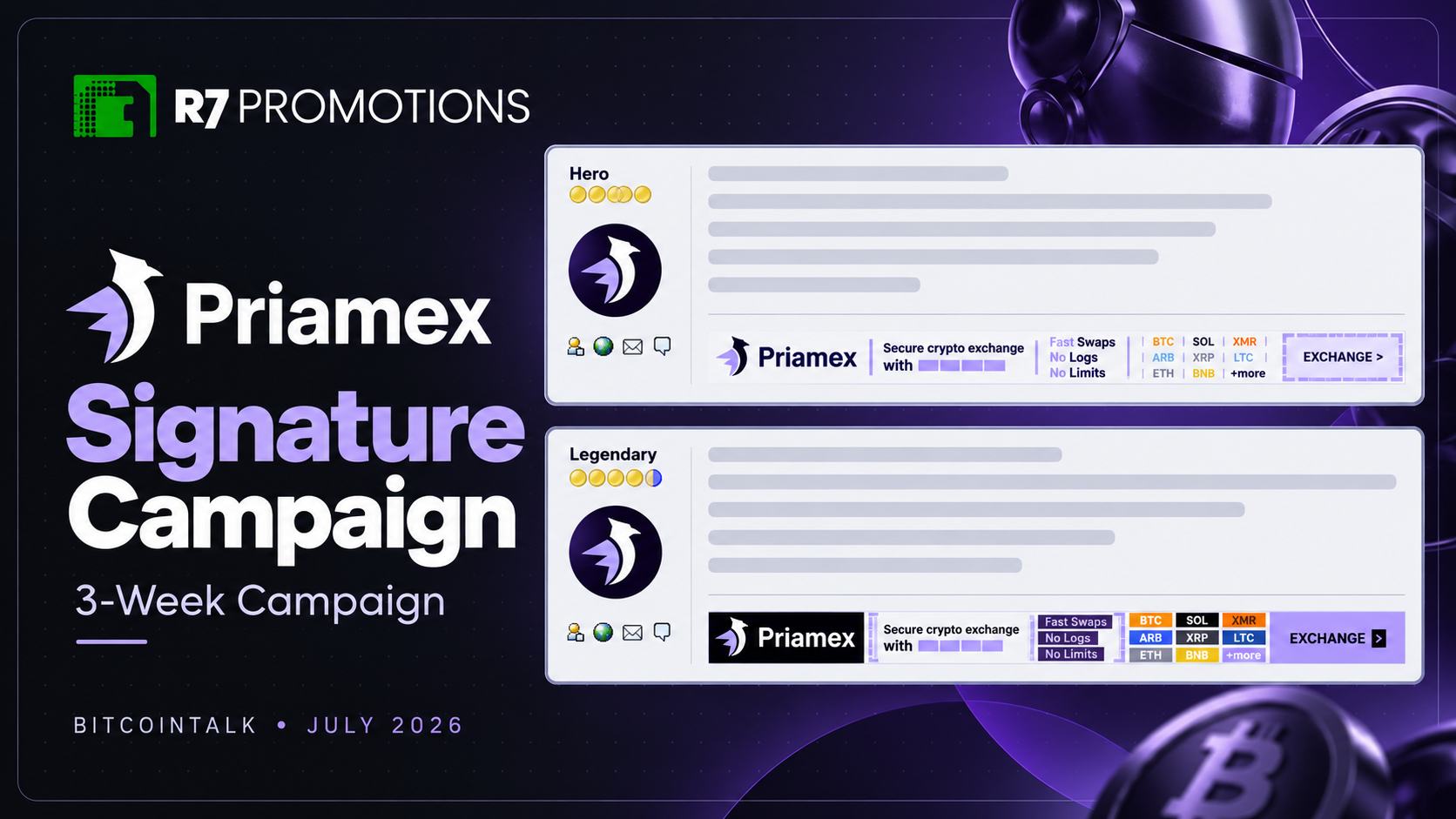 PriamEx signature campaign with Hero and Legendary profile previews.